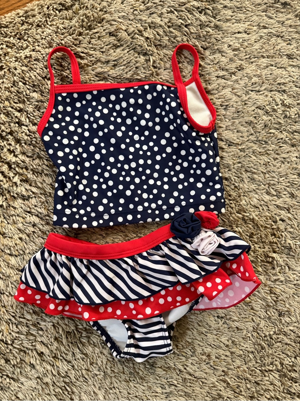 Girls Navy Polka Dot Two-Piece Swim Set with Red Trim